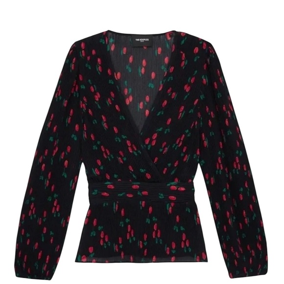 The‎ Kooples Paris Cherry Naive Wrap Top women's Size Black Red - Picture 2 of 8